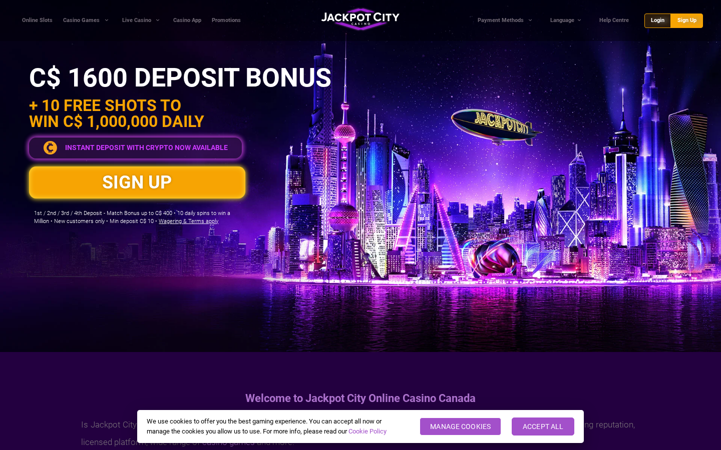 Jackpot City homepage screenshot